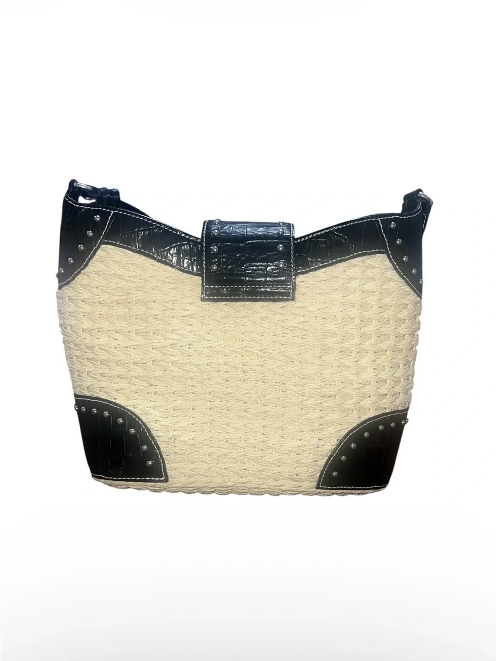 Brighton Cream Woven Tote with Black Croc-Trim and Heart Charm